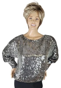 Trina Turk Womens Silver Sequin & Beaded Boat Neck Top Blouse Black Lined Size L - Picture 1 of 16