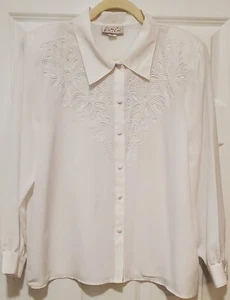 Kathy Che schöne weiße Bluse Damen Gr. 14 bestickter Kragen Shirt Top USA  - Bild 1 von 6