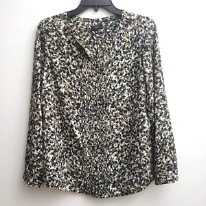Talbots Blouse Petite Medium Gray Tan Print Long Sleeves V-neck Pleated Details - Picture 1 of 5