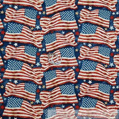 BonEful Fabric FQ Cotton Quilt VTG Navy Blue Red White Star Stripe American Flag - Image 1 of 4