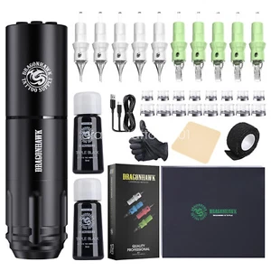 Dragonhawk Wireless Tattoo Kit Rotary Motor Pen Machine Cartridge Needle Ink Set - Picture 1 of 12