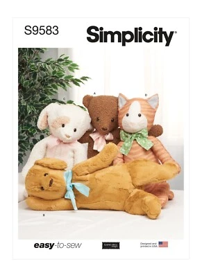 SIMPLICITY 9583 PLUSH POSABLE ANIMALS STUFFED TOYS Sewing Pattern Bear Dog Cat - Image 1 of 4