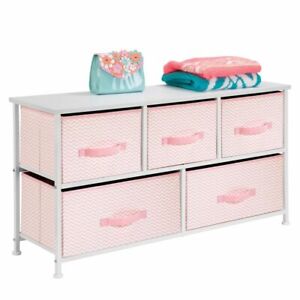 mDesign Steel Frame, Wood Top Cloth Dresser with 5 Organizer Bins, Pink/White