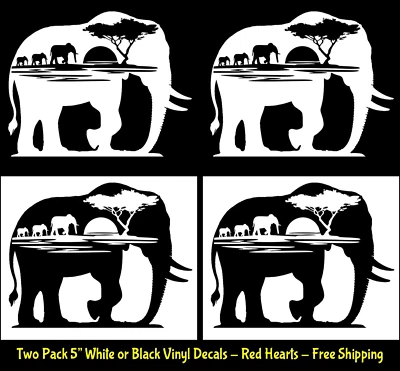 Elephant Safari Scene Two 5" White or Black Vinyl Decals Windows Car Truck RV Foto 1 de 2
