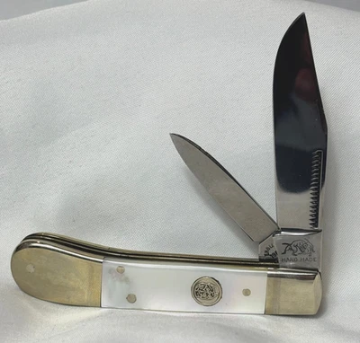 Cuchillo marca Bulldog 1995 estilo trampero madreperla escalas hoja plegable DBL Foto 1 de 4