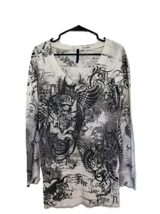 Damen Grafik Langarm V-Ausschnitt Strick Tops mit Strass XL - lesen - Bild 1 von 4