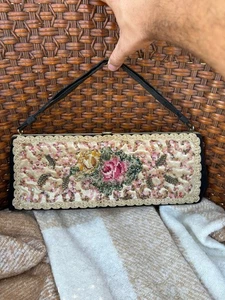 Antique Beaded & Embroidered Rectangle Clutch Purse Floral Design - Picture 1 of 21