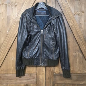 Chaqueta de bombardero de cuero para hombre River Island M marrón con capucha de cuero adjunta YKK - Imagen 1 de 13