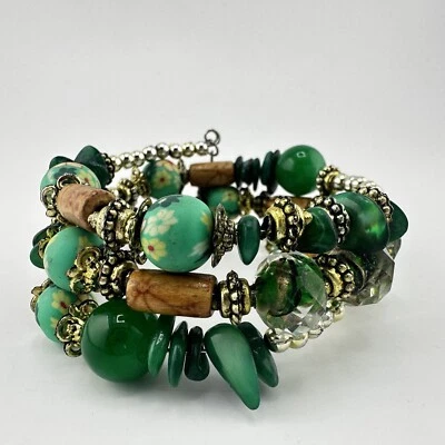 Boho Hippy Green Clay Glass Stone Wood Coil Wrap Silver Tone Bracelet - Image 1 of 4