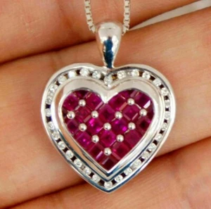 Colgante de corazón diamante rubí diamante diamante rubí rojo cadena de 18" de 2 quilates acabado oro blanco de 14 quilates - Imagen 1 de 4