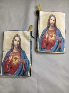 JESUS CATHOLIC Gold Rosary Pouch 2 Sided Zippered Icon Cloth Case Coin Bag 007 - Picture 1 of 3