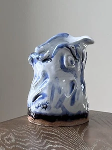 Studio Art Pottery Blue White Swirling Vase Pot Primitive Brutalist Signed Heavy - Picture 1 of 16