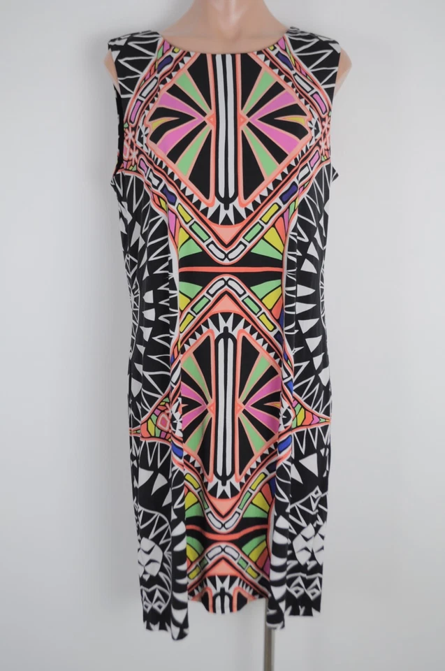 Rockmans Dress Womens large Black Neon Pink Green Geometric Sleeveless Stretch - image 1 of 4