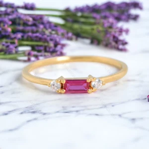 Baguette Simulated Ruby 2.8Ct Fancy Wedding Gift Ring 925 Yellow Sterling Silver - Picture 1 of 6