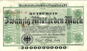 Banknot Dyrekcja Kolei Rzeszy 20 miliardów marek 1923 Frankfurt PS1222(4) #008-7d - Zdjęcie 1 z 1