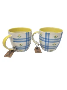 THE OLD POTTERY COMPANY Hand PAINTED STONEWARE FLORAL Plaid  COFFEE 2 MUGS New - Picture 1 of 5