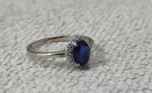 10k Weiss Gold 1.25 Karat Natürlich Blau Saphir Und Diamanten Halo Damen Ring - Bild 1 von 5
