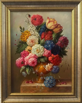 Pintura contemporánea: bodegón floral vibrante, óleo sobre lienzo, enmarcado Foto 1 de 3