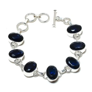 Pulsera de plata de ley 925 hecha a mano con piedras preciosas de zafiro azul creada en laboratorio joyería - Imagen 1 de 6