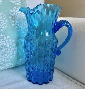 MCM Italian Empoli Ribbed Pillar Aqua Peacock Blue Art Glass 8" Pitcher Ice Lip - Bild 1 von 6