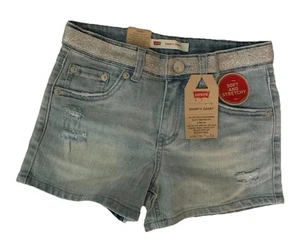 Levi’s Girls Denim Shorts Blue 12R High Rise Adjustable Waistband Stretch Ripped - Picture 1 of 11