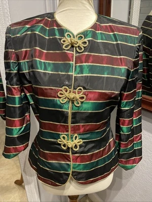 VTG Talbots Satin-Striped Jacket-Red-Green-Black Button Front Blazer-Size 8 - Image 1 of 4
