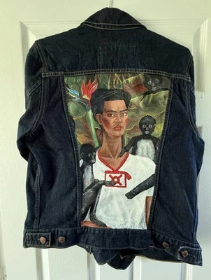Chaqueta vaquera para hombre pintada a mano Frida Kahlo monos arte personalizado único abrigo vaquero Foto 1 de 4