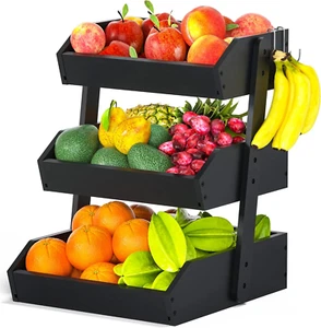 Bamboo Fruit Basket for Kitchen – 3 Tier Fruit Bowl for Kitchen Counter, Large F - Picture 1 of 12