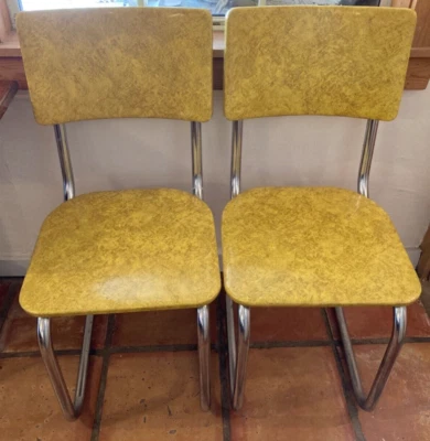 Vintage Pair of 1950s Style Mid Century Modern Vinyl Chairs - Yellow - Image 1 of 4