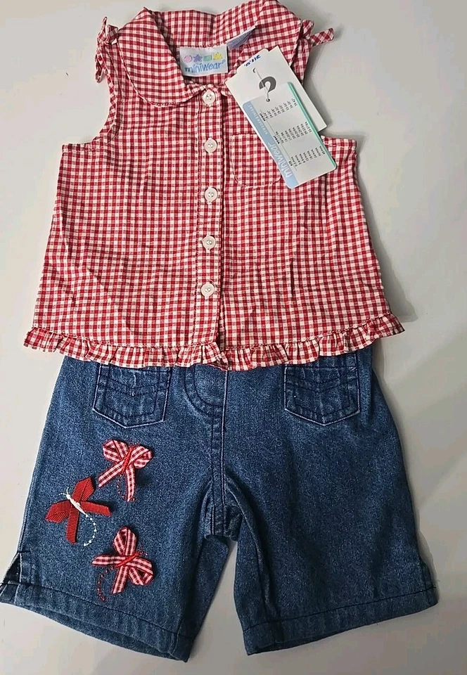Miniwear Guinga Vintage Rojo Top Y Denim Azul Jean Pantalones Cortos Bebé Niña Talla 0-3M Foto 1 de 4