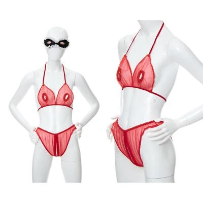 Vintage 1980s Lingerie 80s Sheer Red Nylon Crotchless Panty Cutout Bra Two Piece - Image 1 of 4