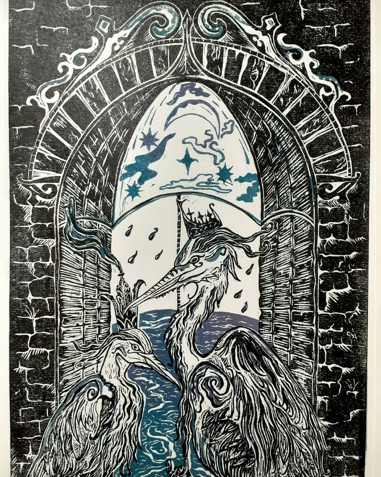 Impresión de linóleo original de cuento de hadas, dos garzas reales bajo el puente del canal y paraguas A4 Foto 1 de 1