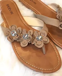 NEW SHOEVIBE SHOE VIBE FAUX LEATHER CRYSTAL FLOWER THONG SANDALS-TAN-10 - Picture 1 of 5