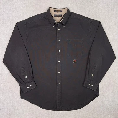 Camisa masculina vintage Tommy Hilfiger de lona com botões XXL preta bordada preparação - Imagem 1 de 4