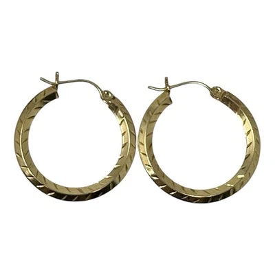 14K Yellow Gold Hoop Earrings 1" Diamond Cut Etched  1.31g Vintage 1990s - Image 1 of 4