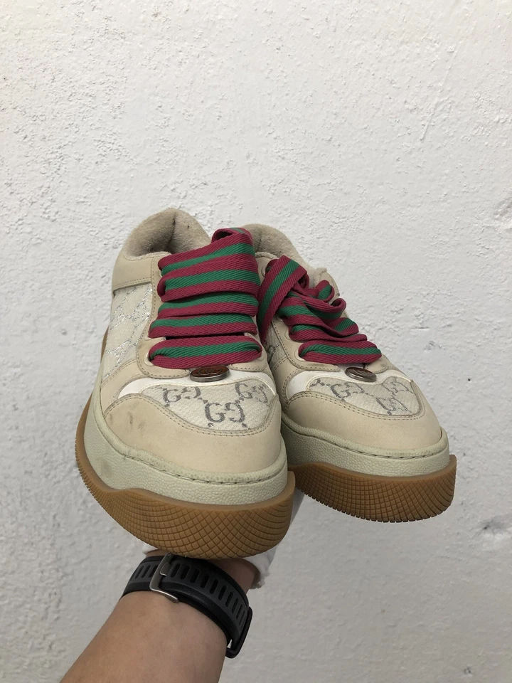 AUTÊNTICO TÊNIS GUCCI tela lona monograma branco camurça UE 37 EUA 7 L1-2 - Imagem 1 de 4