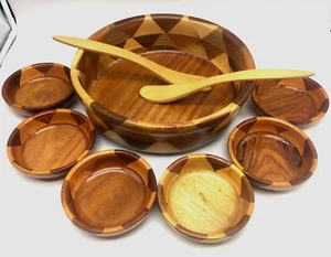 Segmentierte handgedrechselte exotische Holz Salatschüssel Set Geometrisches Muster Lebensmittelecht - Bild 1 von 12