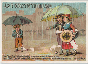 Trade Card J. & P. Coat's Spool Thread People with Umbrellas and Raining