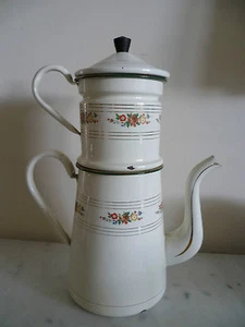 ANTIQUE FRENCH, MASSIVE, FLORAL PATTERN, ENAMELED METAL 3 Pc COFFEE PERCOLATOR - Picture 1 of 9