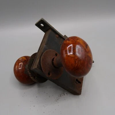 Antique Door Knob Lock Plate Lock Assembly Eastlake Style Brown Stone Marble - Image 1 of 4