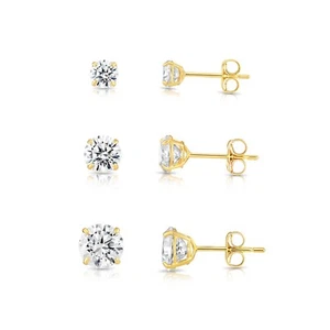 Set of 3! 14K Real Solid Gold Solitaire Round CZ Sleeper Studs Earrings Pushback - Picture 1 of 14