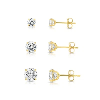 Set of 3! 14K Real Solid Gold Solitaire Round CZ Sleeper Studs Earrings Pushback - Image 1 of 4