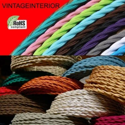 3 Core Twisted Fabric Braided  Electric Cable Flex Vintage Lamp Multi Colours UK - Image 1 of 4