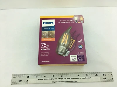 NEW Philips 3-pk 75W BA11 LED Bent Tip Filament Bulb E26 Base 2700K Dimmable sw - Image 1 of 4