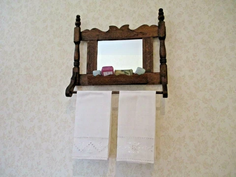 ANTIQUE WOODEN WALL HAND TOWEL HANGER, W/MIRROR, INCLUDES 3 SETS OF HAND TOWELS Cover