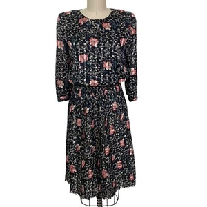 VTG 80's Black Semi Sheer Preppy Floral Pleated Midi Dress Women sz4 Made in USA - Picture 1 of 14