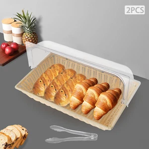 2pcs Large Rattan Bread Baskets, 21Inch Fruit Basket with Lids and Bread Clips! - Picture 1 of 16