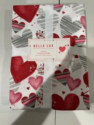 BELLA LUX Valentine's Day Tablecloth Oblong 60” x 84” Hearts Pink Red Gray NWT - Image 1 of 4