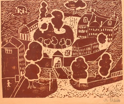 Schloss Schlossinsel Postwar M. Ehbets signiert Farbholzschnitt 1950er - Bild 1 von 3