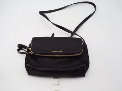Calvin Klein Elaine Crossbody Bag Black Gold Zip Leather Purse NWT - Image 1 of 4